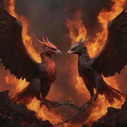 An intense, dark, and realistic portrayal of two suffering, demonized phoenixes, entwined in aerial combat amidst chains and fiery-colored lava, their screams filling the air, feathers billowing around them.