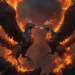 An intense, dark, and realistic portrayal of two suffering, demonized phoenixes, entwined in aerial combat amidst chains and fiery-colored lava, their screams filling the air, feathers billowing around them.