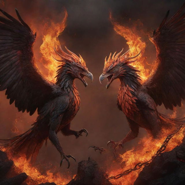 An intense, dark, and realistic portrayal of two suffering, demonized phoenixes, entwined in aerial combat amidst chains and fiery-colored lava, their screams filling the air, feathers billowing around them.