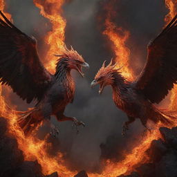 An intense, dark, and realistic portrayal of two suffering, demonized phoenixes, entwined in aerial combat amidst chains and fiery-colored lava, their screams filling the air, feathers billowing around them.