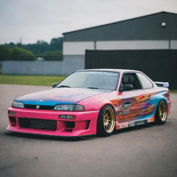 A 1990s drift car with a retro design, flashy colors, and modified for high performance.