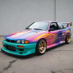 A 1990s drift car with a retro design, flashy colors, and modified for high performance.