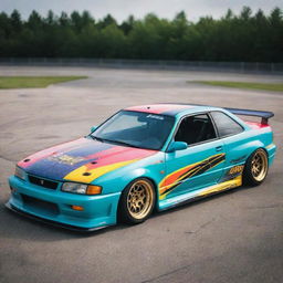 A 1990s drift car with a retro design, flashy colors, and modified for high performance.
