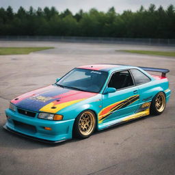 A 1990s drift car with a retro design, flashy colors, and modified for high performance.