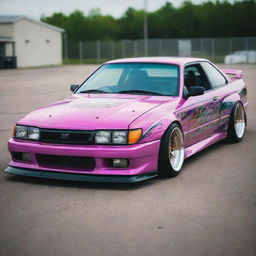 A 1990s drift car with a retro design, flashy colors, and modified for high performance.