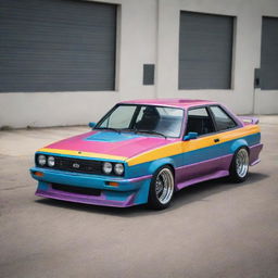 An 1980s drift car featuring a vintage aesthetic, bold color palette, and performance-enhancing modifications.