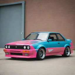 An 1980s drift car featuring a vintage aesthetic, bold color palette, and performance-enhancing modifications.