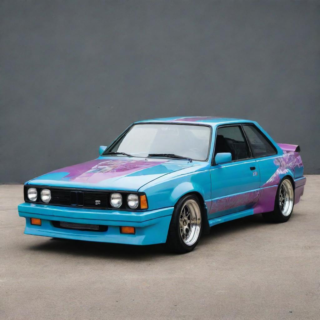 An 1980s drift car featuring a vintage aesthetic, bold color palette, and performance-enhancing modifications.