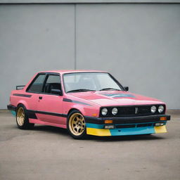 An 1980s drift car featuring a vintage aesthetic, bold color palette, and performance-enhancing modifications.