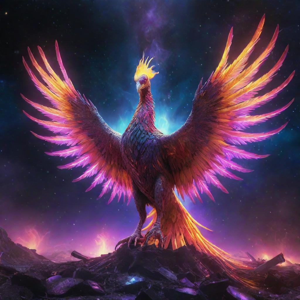 An alien phoenix, radiating with neon colors, amid a destroyed cosmic backdrop, with galaxies and vast universe elements in the scene.