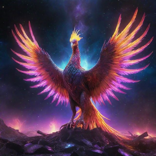 An alien phoenix, radiating with neon colors, amid a destroyed cosmic backdrop, with galaxies and vast universe elements in the scene.