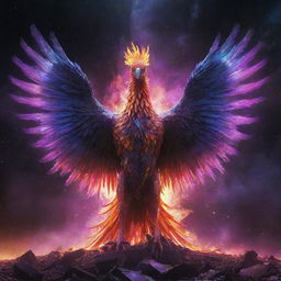 An alien phoenix, radiating with neon colors, amid a destroyed cosmic backdrop, with galaxies and vast universe elements in the scene.