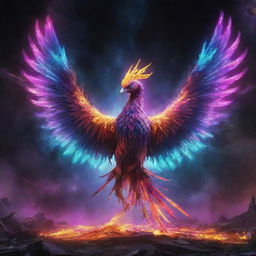 An alien phoenix, radiating with neon colors, amid a destroyed cosmic backdrop, with galaxies and vast universe elements in the scene.