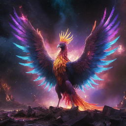 An alien phoenix, radiating with neon colors, amid a destroyed cosmic backdrop, with galaxies and vast universe elements in the scene.