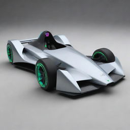 A futuristic 2100s formula car with a streamlined design, neon accents, and advanced aerodynamic elements.