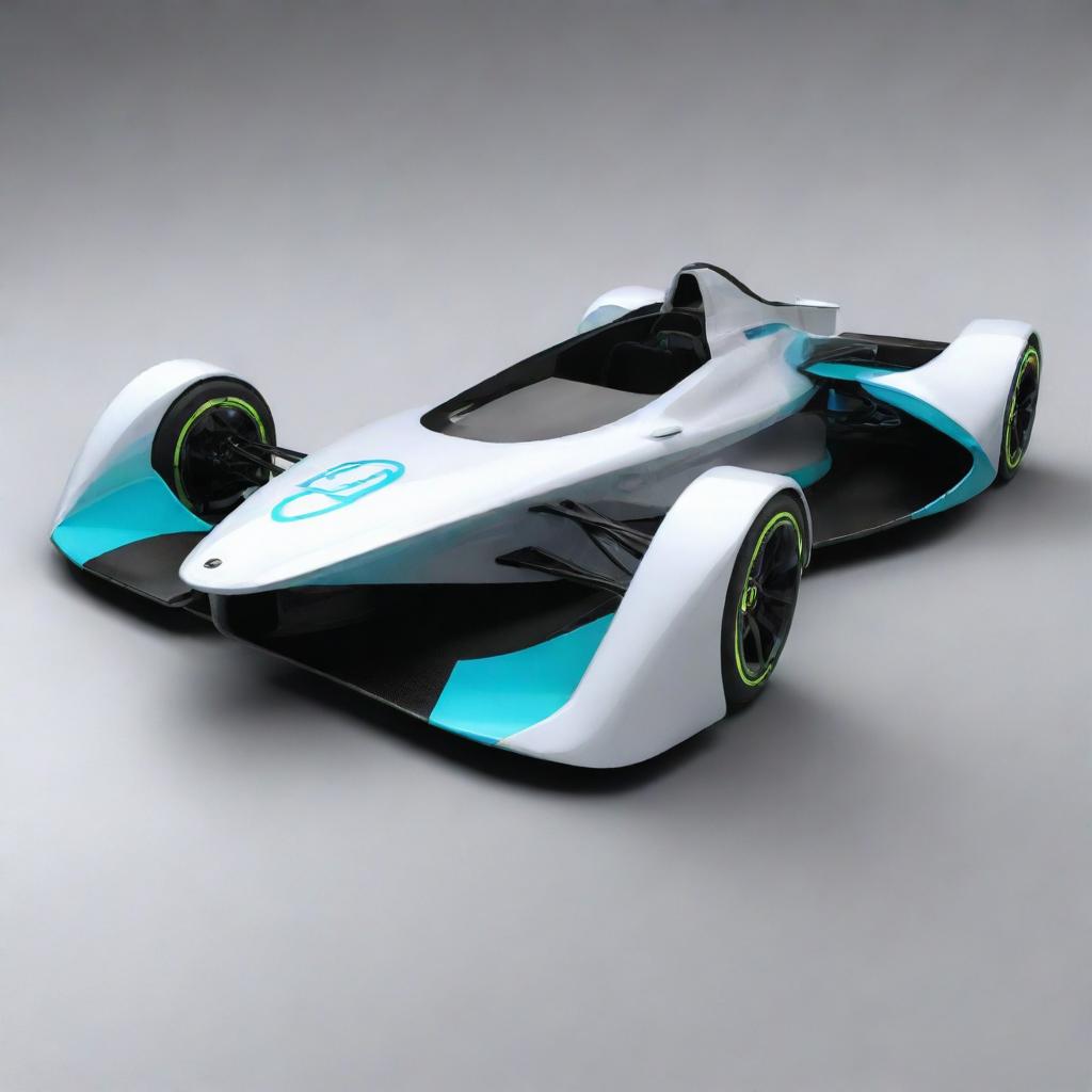 A futuristic 2100s formula car with a streamlined design, neon accents, and advanced aerodynamic elements.