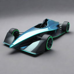 A futuristic 2100s formula car with a streamlined design, neon accents, and advanced aerodynamic elements.