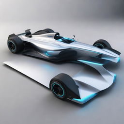 A 2050s futuristic Formula 1 car with a sleek aerodynamic design, LED light futuristic features, and revolutionary tech elements.