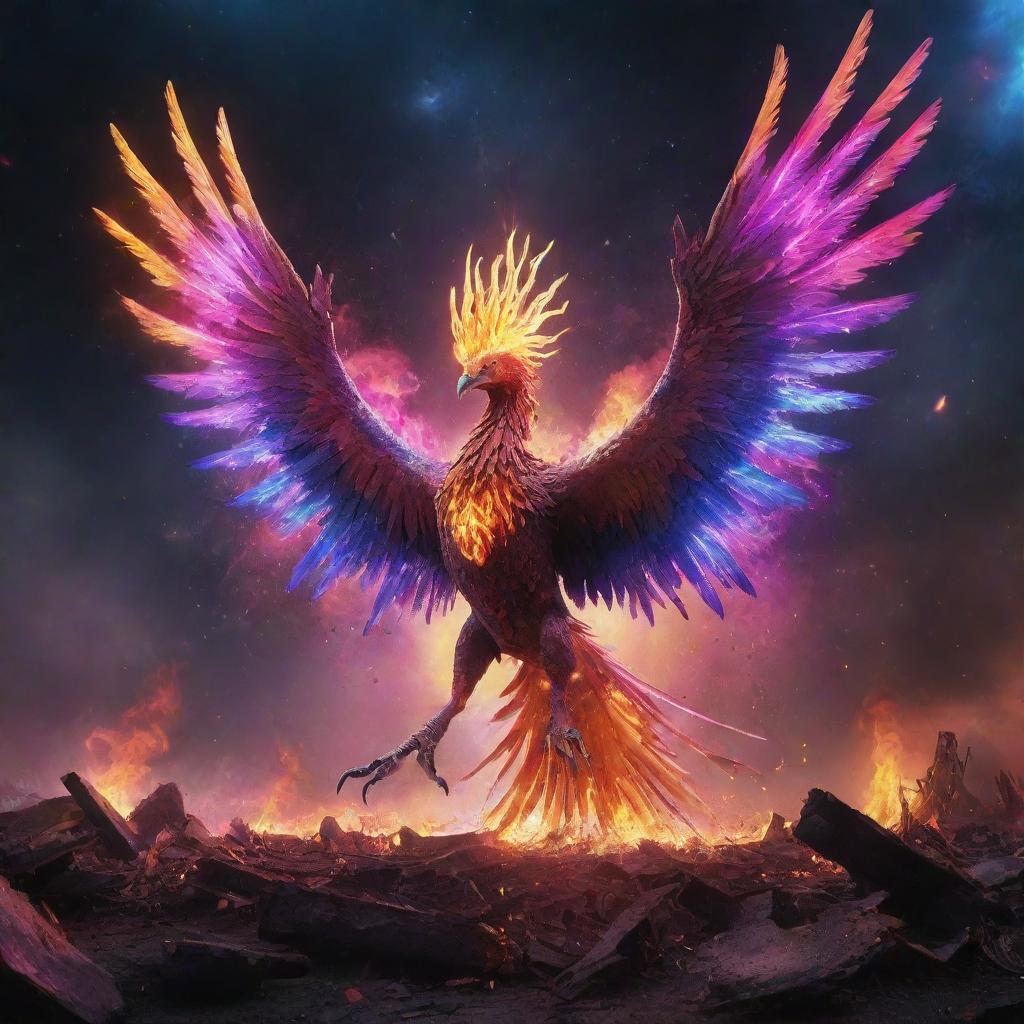 An alien phoenix, aglow with neon colors, attacking and flying amidst a destroyed cosmic landscape, with elements of the universe and galaxies in view.