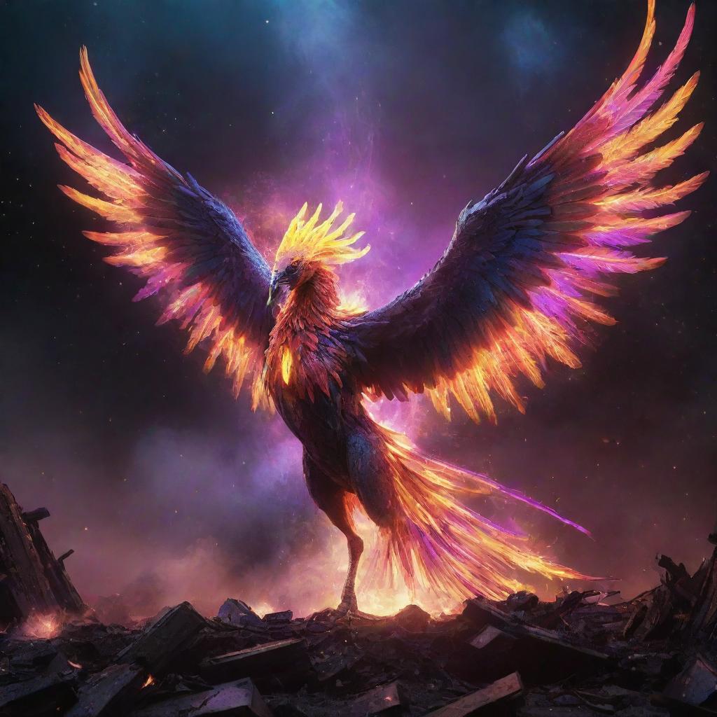 An alien phoenix, aglow with neon colors, attacking and flying amidst a destroyed cosmic landscape, with elements of the universe and galaxies in view.