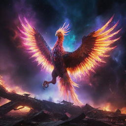 An alien phoenix, aglow with neon colors, attacking and flying amidst a destroyed cosmic landscape, with elements of the universe and galaxies in view.