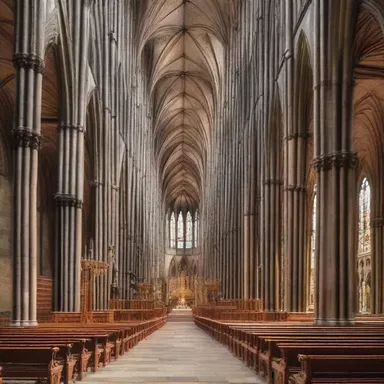 The design of the Gothic cathedral beautifully captures the grief-stricken atmosphere with its towering spires and intricate stone carvings.