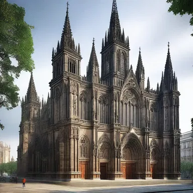 The design of the Gothic cathedral beautifully captures the grief-stricken atmosphere with its towering spires and intricate stone carvings.