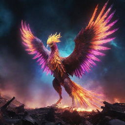 An alien phoenix, aglow with neon colors, attacking and flying amidst a destroyed cosmic landscape, with elements of the universe and galaxies in view.