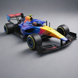 A 2024s Formula 1 car with contemporary design elements, vibrant color scheme, and high-tech features.