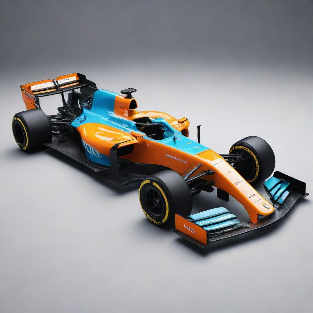 A 2024s Formula 1 car with contemporary design elements, vibrant color scheme, and high-tech features.