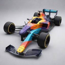 A 2024s Formula 1 car with contemporary design elements, vibrant color scheme, and high-tech features.