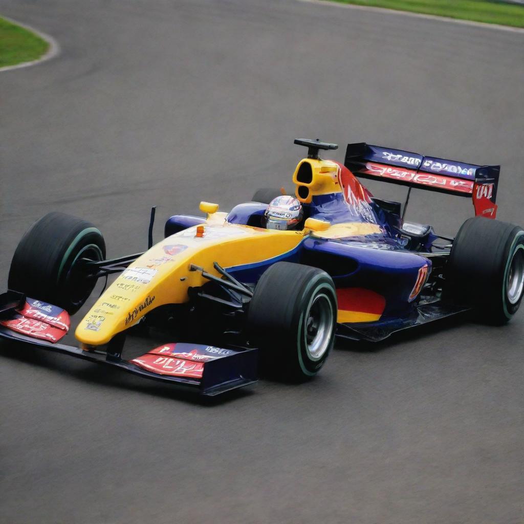 A 2000s Formula 1 car showcasing iconic design, prominent logos, and racing-related modifications.