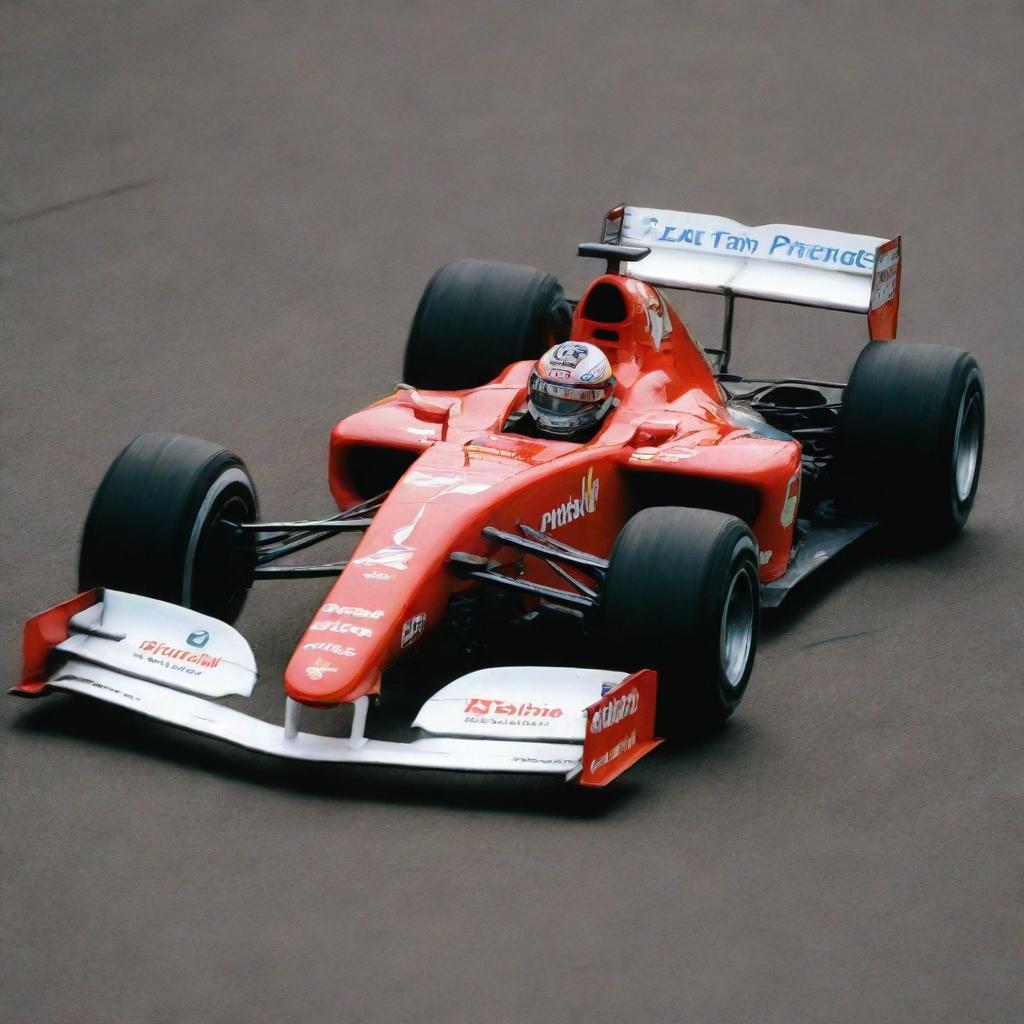 A 2000s Formula 1 car showcasing iconic design, prominent logos, and racing-related modifications.