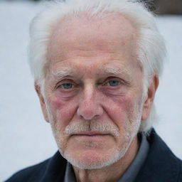 An elderly man with snowy white hair and a prominent scar on his left eye.