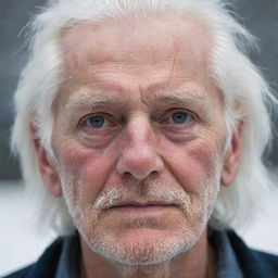 An elderly man with snowy white hair and a prominent scar on his left eye.