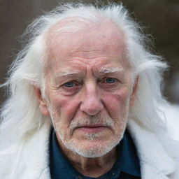 An elderly man with snowy white hair and a prominent scar on his left eye.