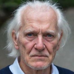 An elderly man with snowy white hair and a prominent scar on his left eye.