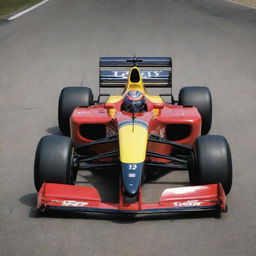 A 1990s Formula 1 car with a vintage look, bold colors, and race-ready features.