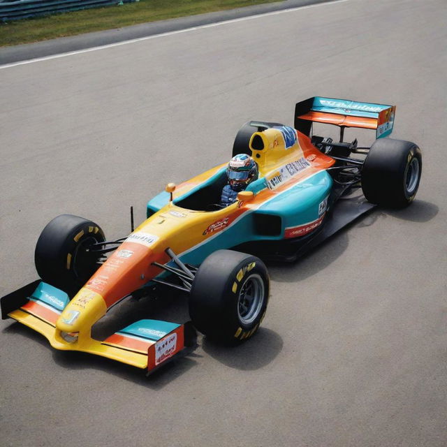 A 1990s Formula 1 car with a vintage look, bold colors, and race-ready features.