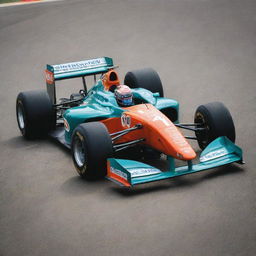 A 1990s Formula 1 car with a vintage look, bold colors, and race-ready features.