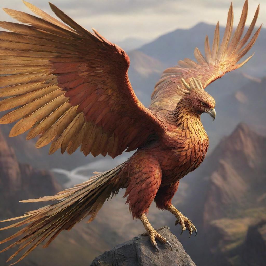 A majestic, realistic giant phoenix adorned with golden armor, either flying through or attacking within a realistic landscape.