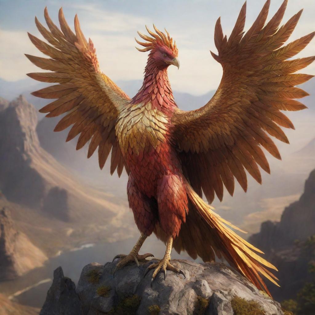 A majestic, realistic giant phoenix adorned with golden armor, either flying through or attacking within a realistic landscape.