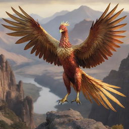 A majestic, realistic giant phoenix adorned with golden armor, either flying through or attacking within a realistic landscape.