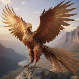 A majestic, realistic giant phoenix adorned with golden armor, either flying through or attacking within a realistic landscape.