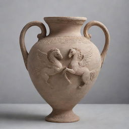 An authentic Greek amphora crafted from textured clay with a central motif featuring two Pegasi confronting each other. The amphora stands against a soft, light gray background