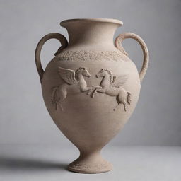 An authentic Greek amphora crafted from textured clay with a central motif featuring two Pegasi confronting each other. The amphora stands against a soft, light gray background