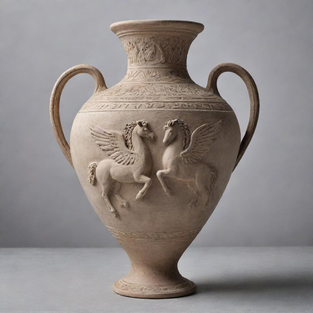 An authentic Greek amphora crafted from textured clay with a central motif featuring two Pegasi confronting each other. The amphora stands against a soft, light gray background