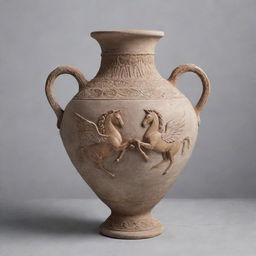 An authentic Greek amphora crafted from textured clay with a central motif featuring two Pegasi confronting each other. The amphora stands against a soft, light gray background