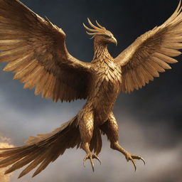 A realistic rendition of a giant phoenix adorned with golden or gold armor, pictured in a dramatic action of either flying or attacking.