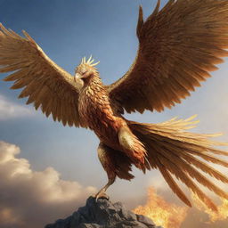 A realistic rendition of a giant phoenix adorned with golden or gold armor, pictured in a dramatic action of either flying or attacking.